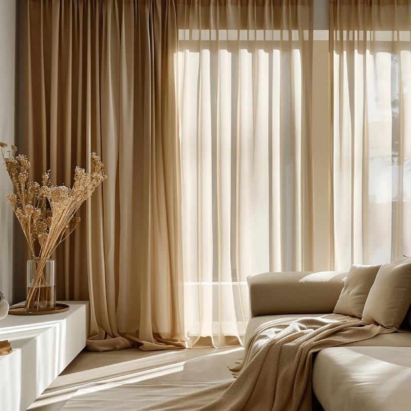 Living room interior with large windows, featuring sheer beige curtains in Dubai