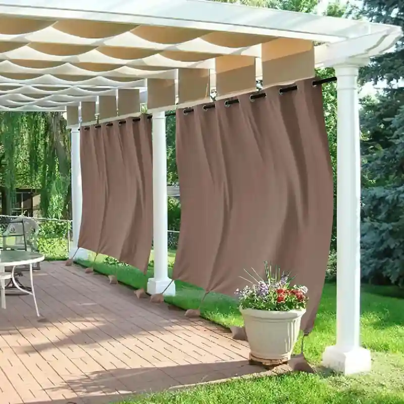 Brown outdoor acoustic curtains in Dubai, patio privacy, windproofing solutions for gardens