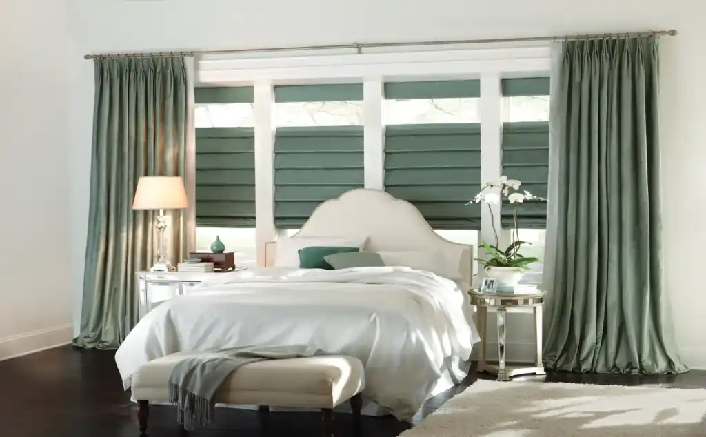 Silk curtains for bedroom, light green, luxurious draping