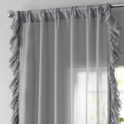 Gardenia ruffled faux linen sheer curtain adds vintage charm with soft, light-filtering drape.