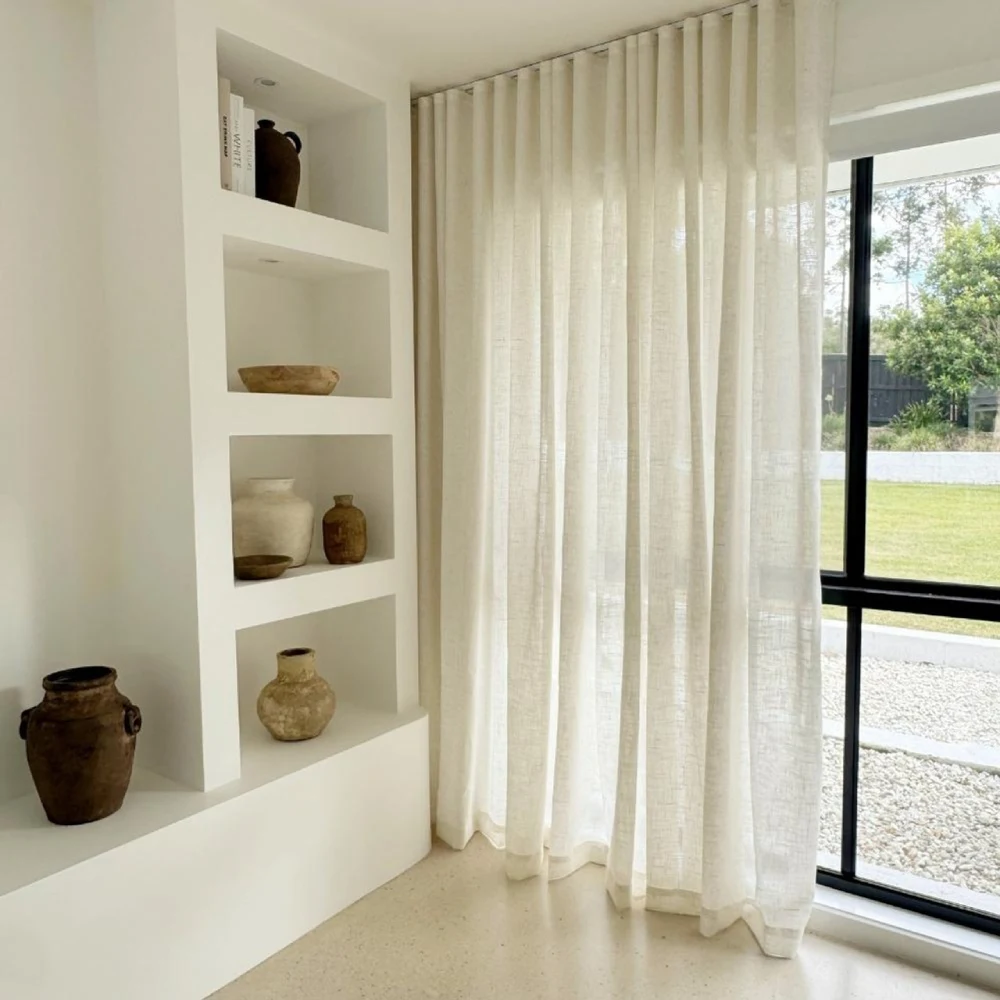 Custom natural linen sheer curtains with rod pocket heading, off-white colour, flowing panels.